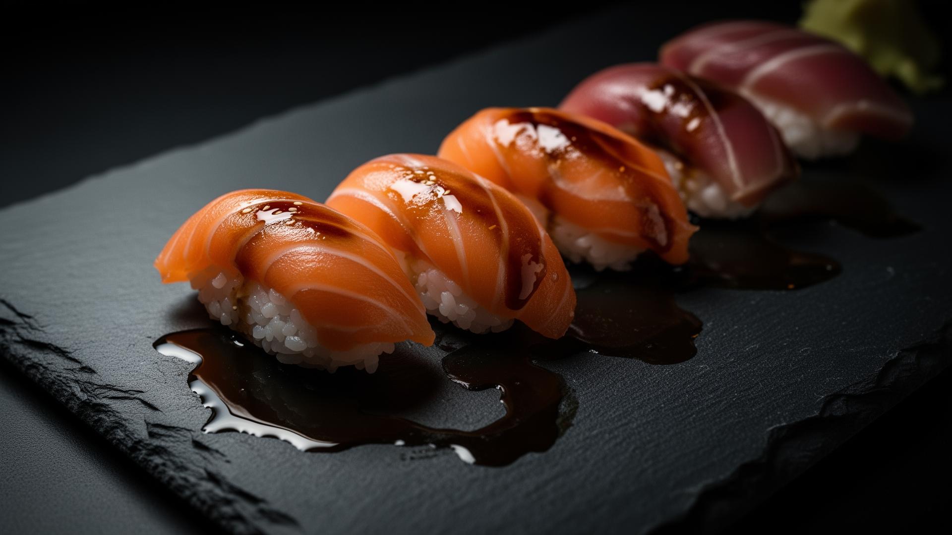 Nigiri sushi på mörk skiffer
